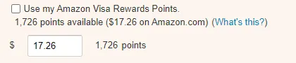 An Amazon checkout option reading “Use my Amazon Visa Rewards Points”, with 1,726 points available, described as $17.26 on Amazon.com, and a field showing $17.26 alongside 1,726 points.