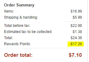 An Amazon order summary: items $16.99, shipping and handling $5.99, total before tax $22.98, estimated tax $1.38, total $24.36, then a highlighted rewards points line of minus $17.26, leaving an order total of $7.10.